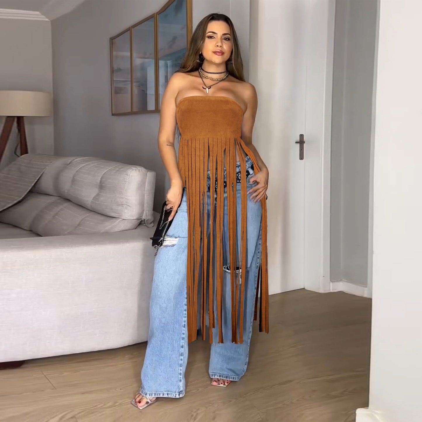 Solid color tassel tube top