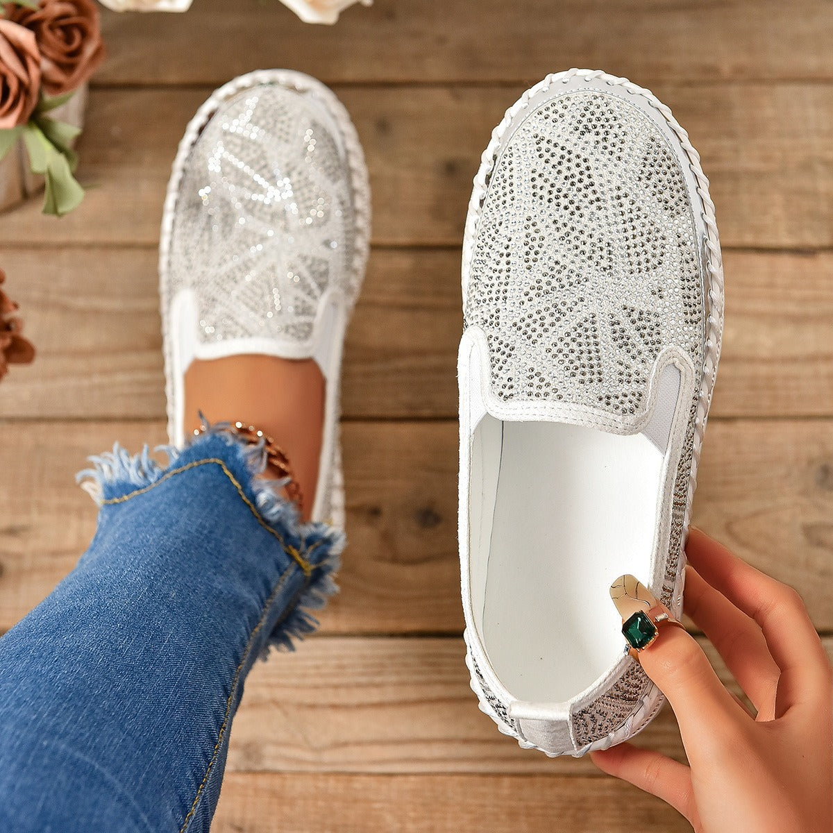 Rhinestones And Thick Platform Versatile Flat Loafers