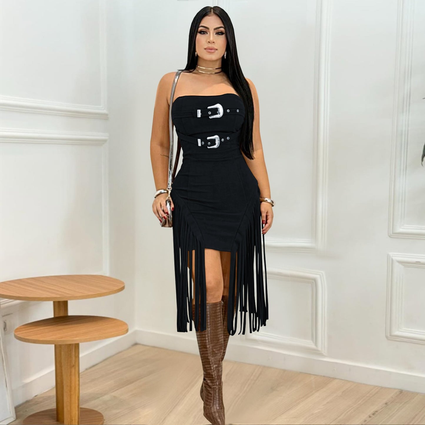 Strapless backless tassel dress