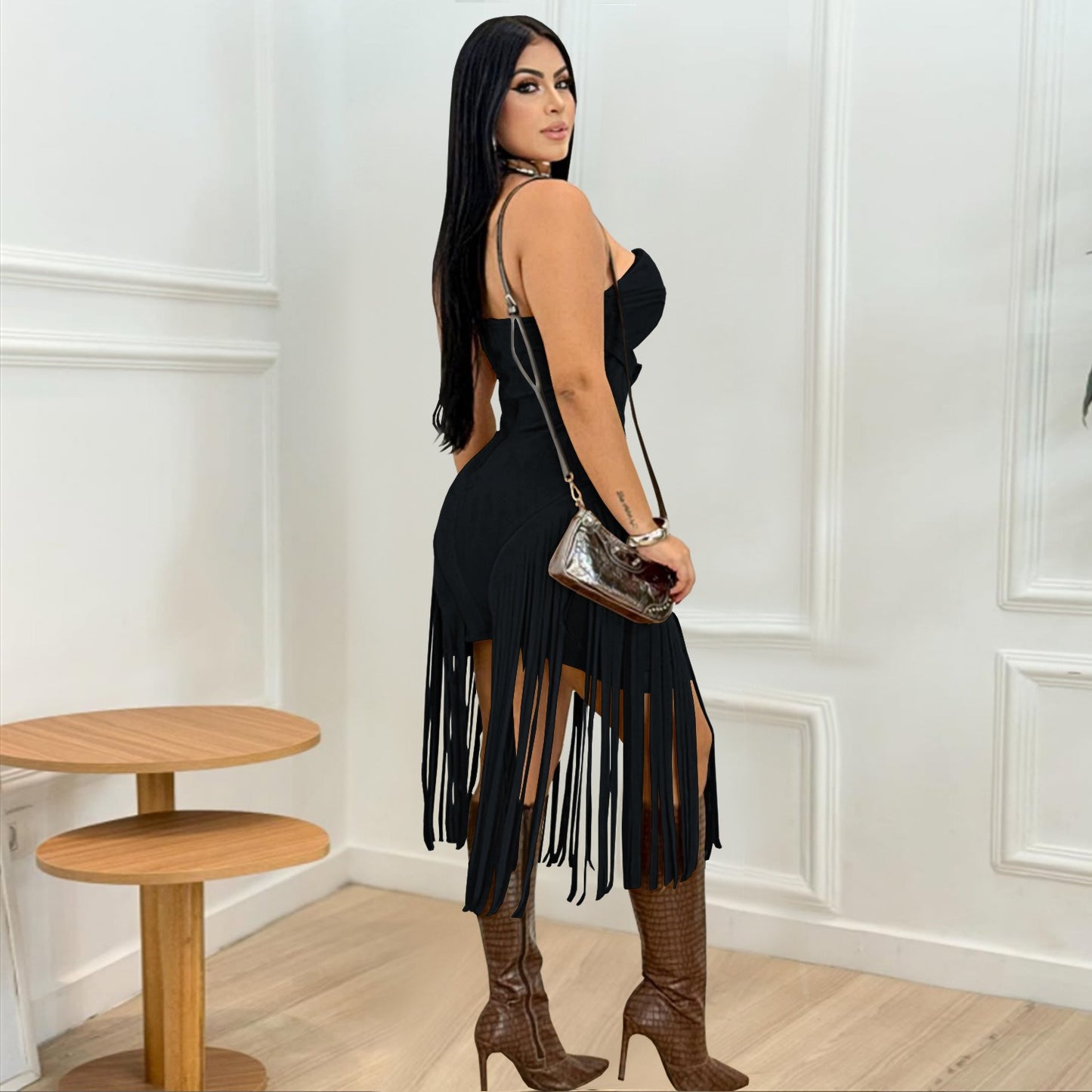 Strapless backless tassel dress