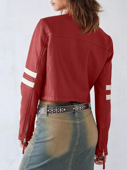 Contrast color stitching leather jacket
