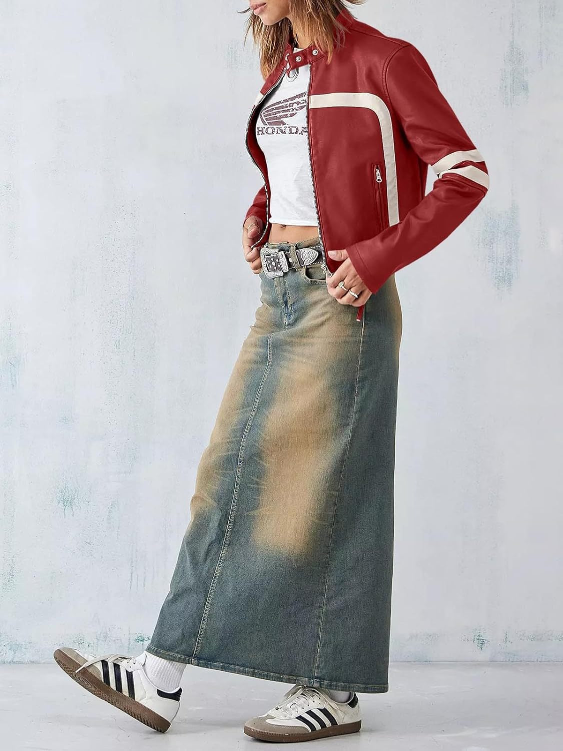 Contrast color stitching leather jacket