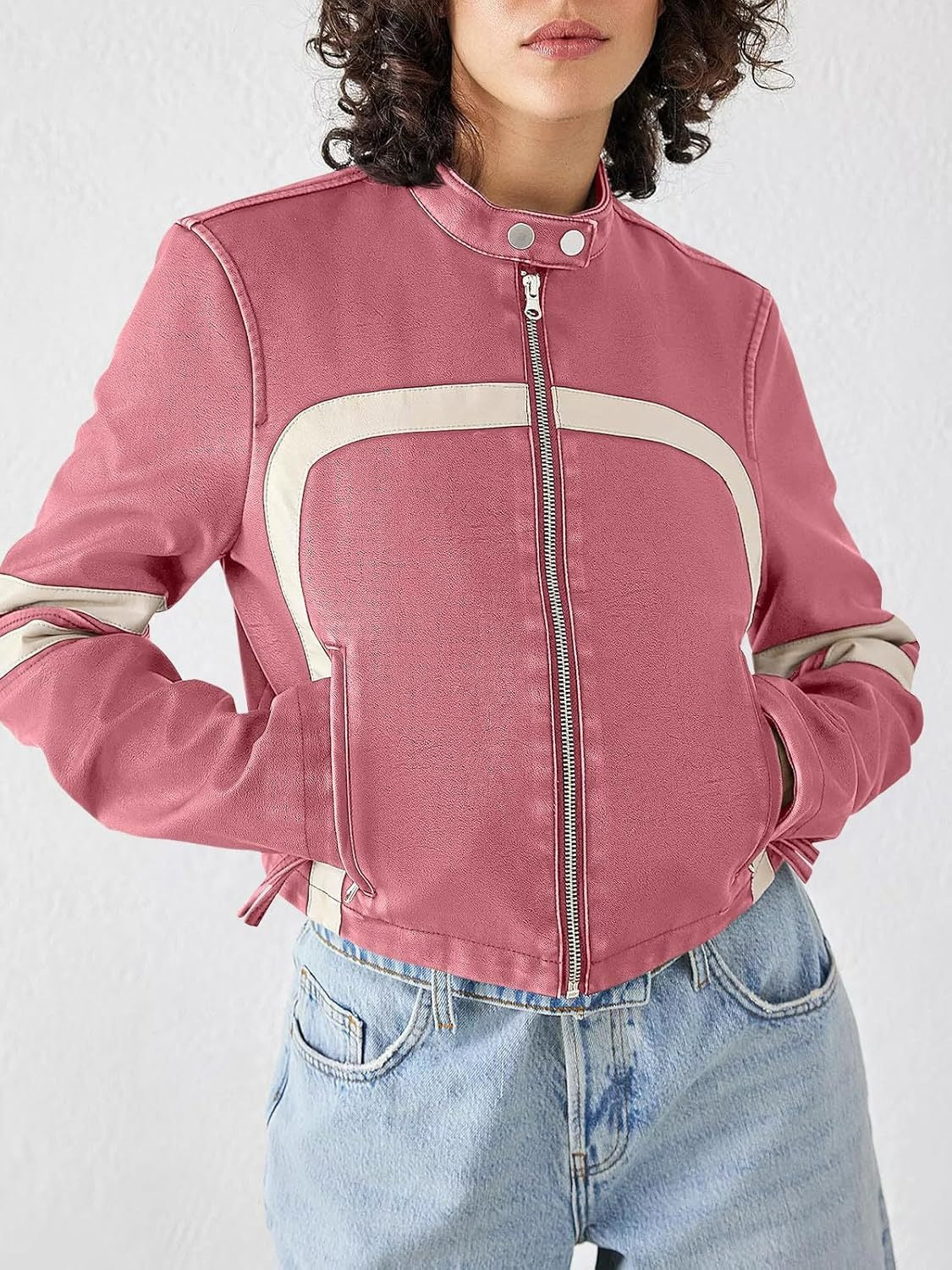 Contrast color stitching leather jacket