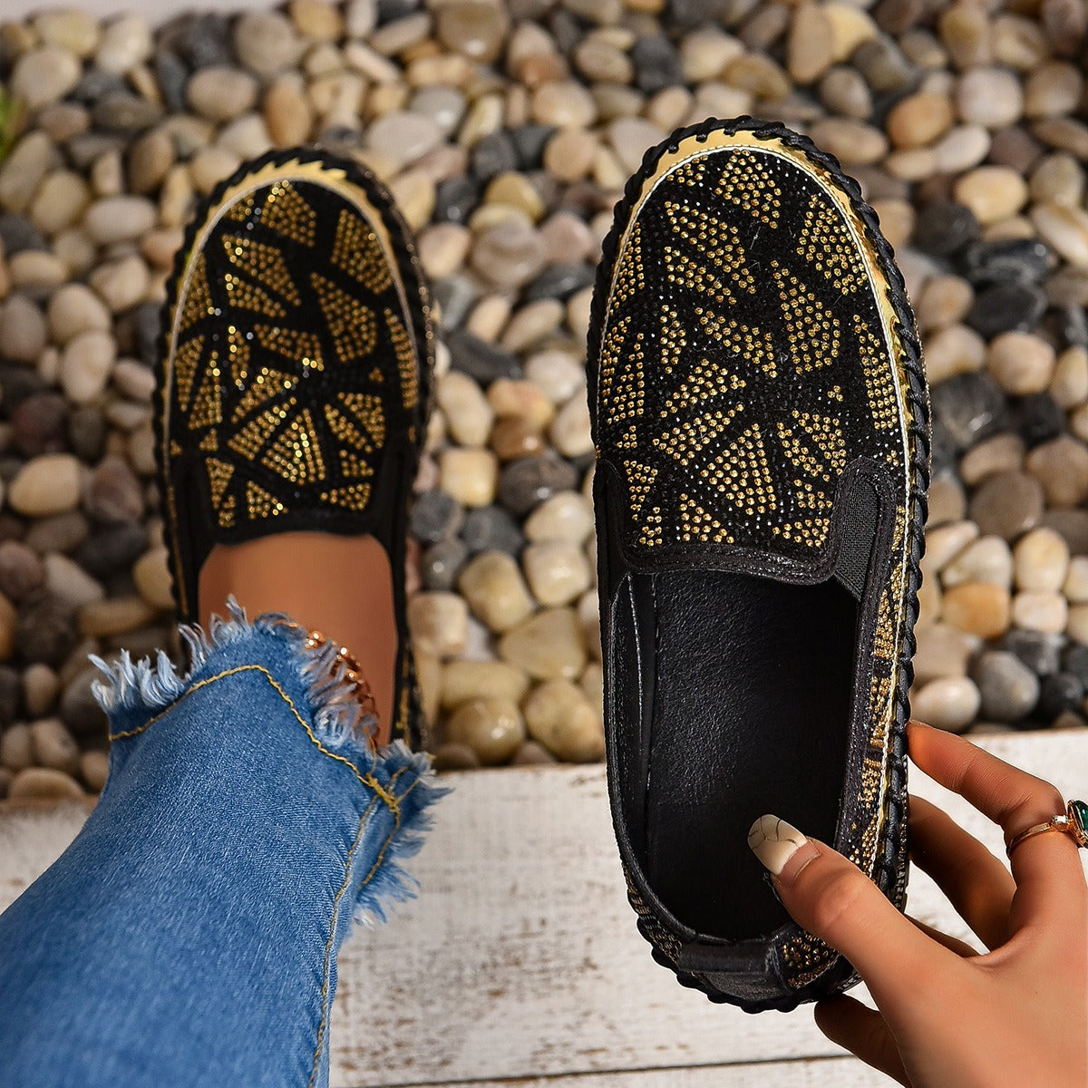 Rhinestones And Thick Platform Versatile Flat Loafers