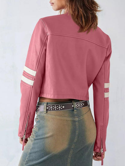 Contrast color stitching leather jacket