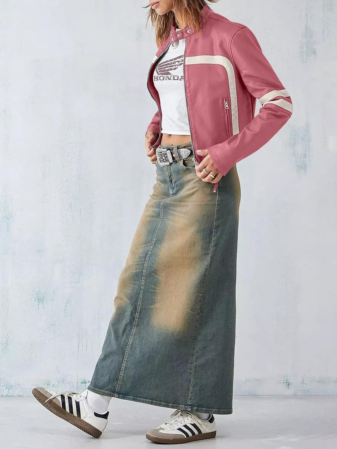 Contrast color stitching leather jacket