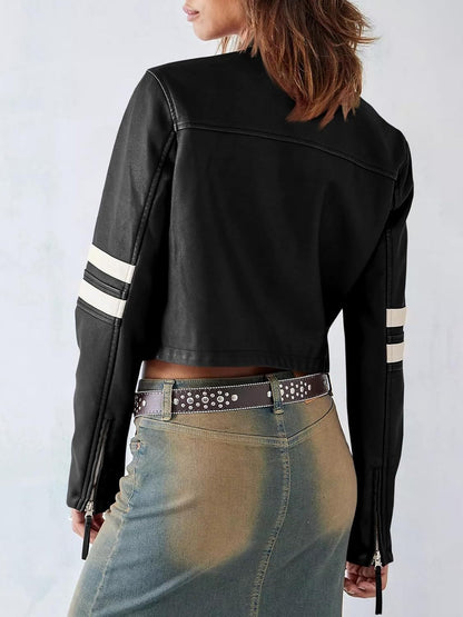 Contrast color stitching leather jacket
