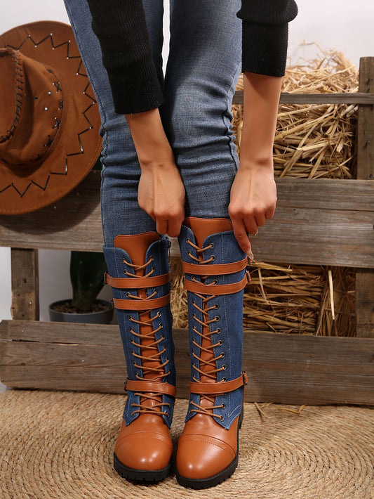 Women's lace-up colorblocked knight boots