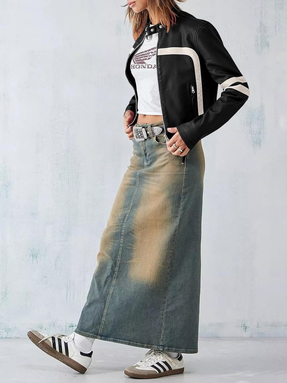 Contrast color stitching leather jacket