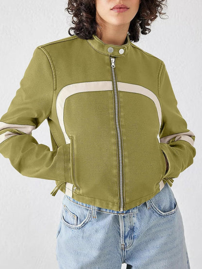 Contrast color stitching leather jacket