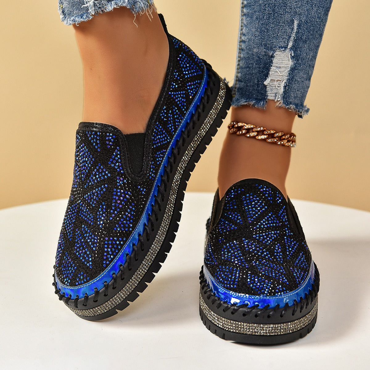 Rhinestones And Thick Platform Versatile Flat Loafers