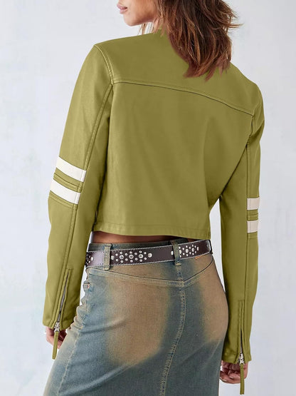 Contrast color stitching leather jacket