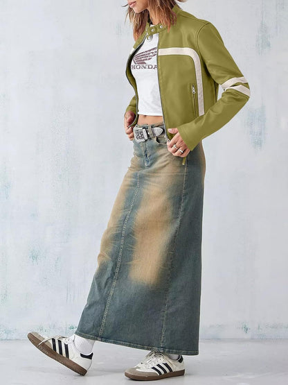 Contrast color stitching leather jacket