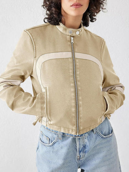 Contrast color stitching leather jacket