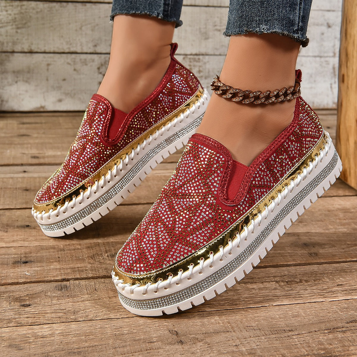 Rhinestones And Thick Platform Versatile Flat Loafers