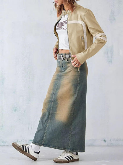 Contrast color stitching leather jacket