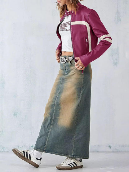 Contrast color stitching leather jacket